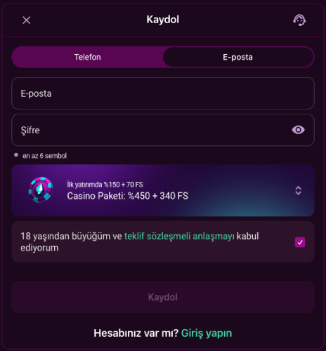 Lüks Gazino e-posta ile kayıt formu ekranı