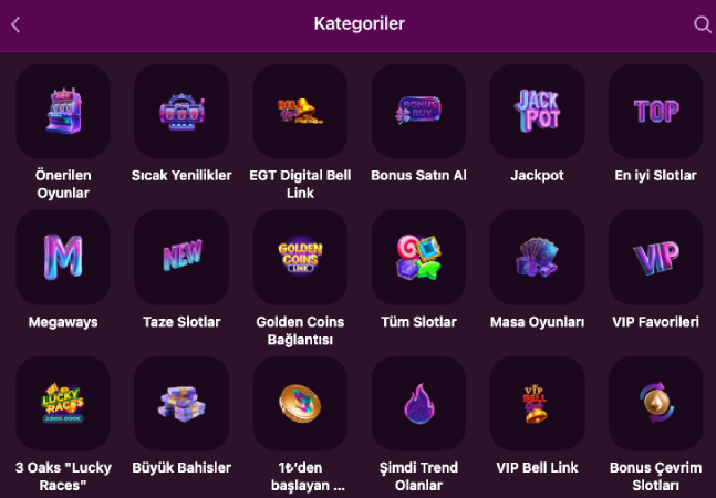 Lüks Gazino slot ve masa oyunu kategori menüsü