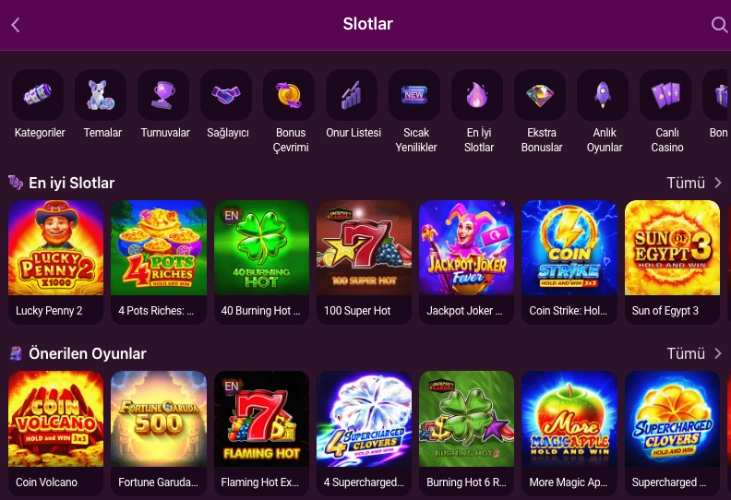 Lüks Gazino slot lobisi genel görünümü